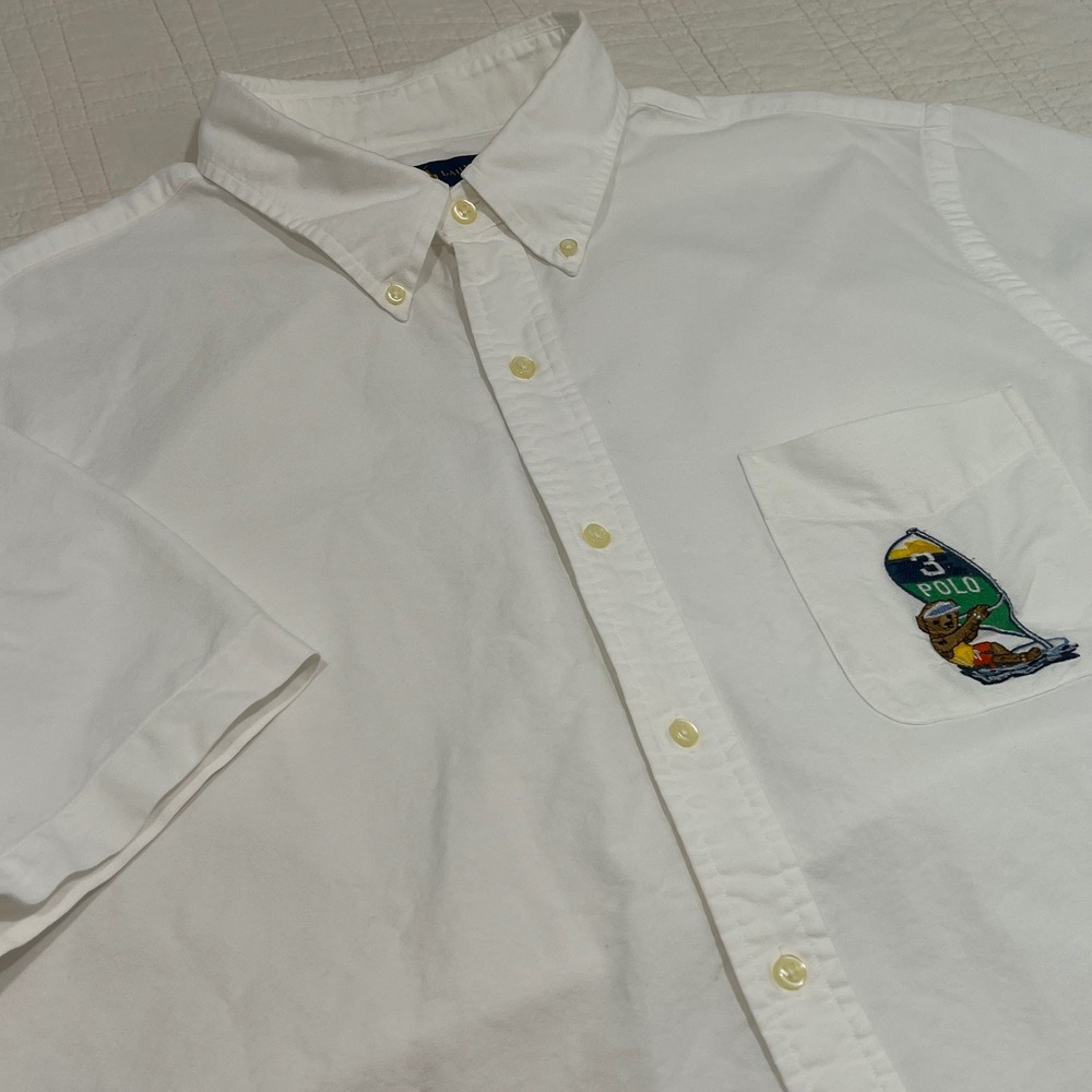 Ralph Lauren Polo Bear Windsurfing White OCBD Short Sleeve Shirt Classic Fit XL
